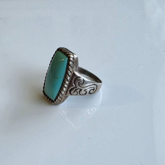 Vintage Silver Turquoise Ring 8 Engrave Twisted Rope Southwestern Santa Fe 925 - Picture 3 of 8